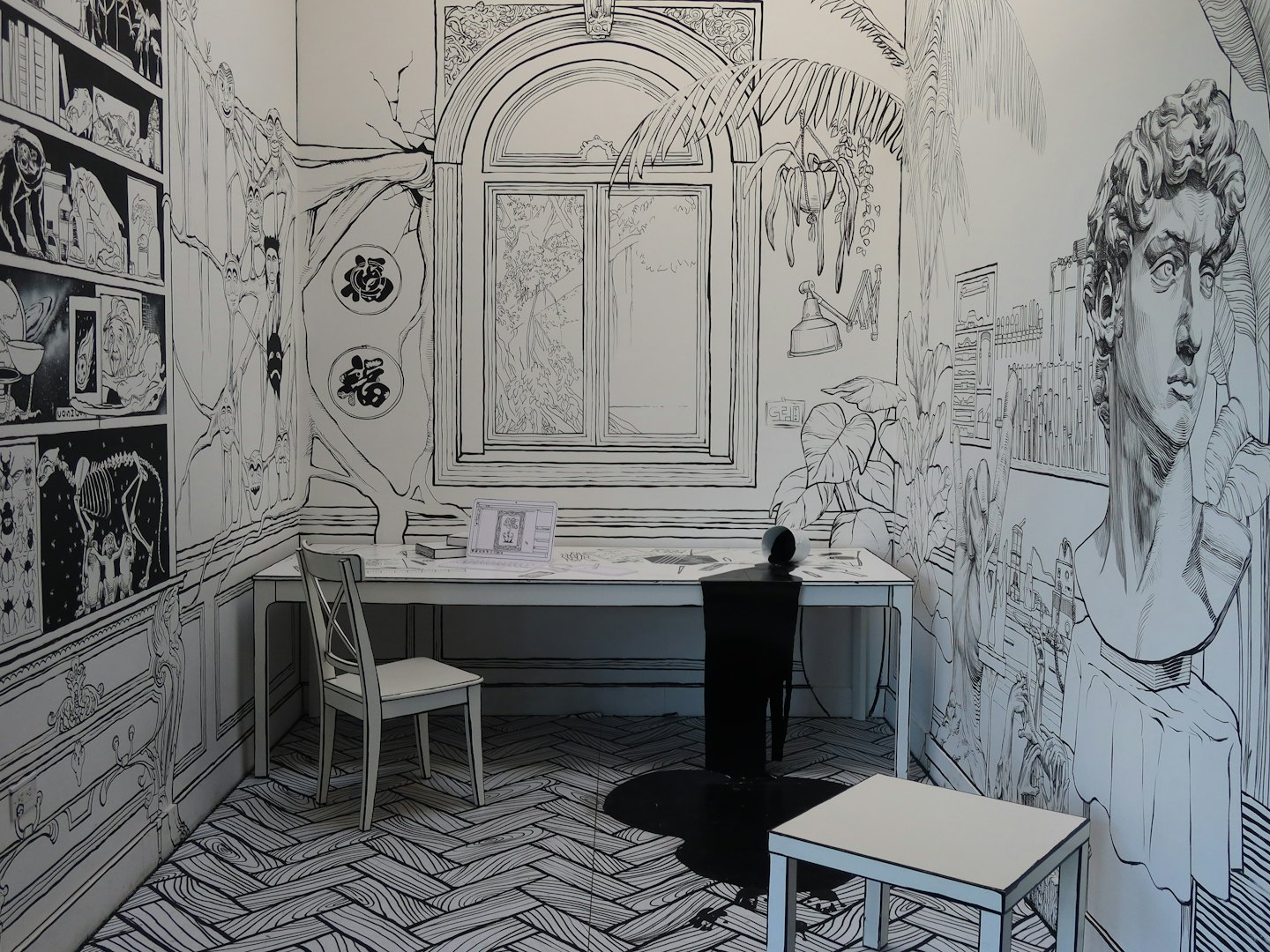 Office interior designed to look like a 2D comic illustration.